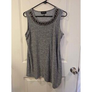 Women's AB Studio Beaded Neck Asymmetrical Hem Tank Top Gray Medium